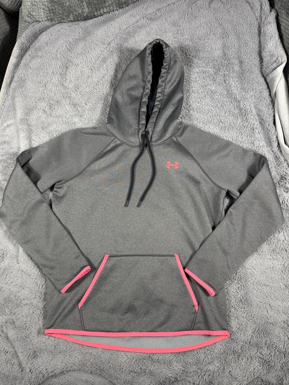 Under Armour Hoodie Womens Medium Gray Fleece Pullover Pink Trim Logo Raglan